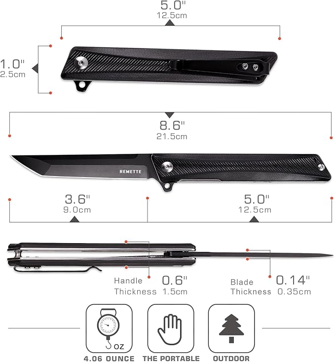 REMETTE Tactical Folding Pocket Knife GD22K 3.6 Black PVD Tanto Blade Flip Open with Durable G10 HandleMen Women Everyday Carry EDCSharp Camping Hiking Daily Work Knives