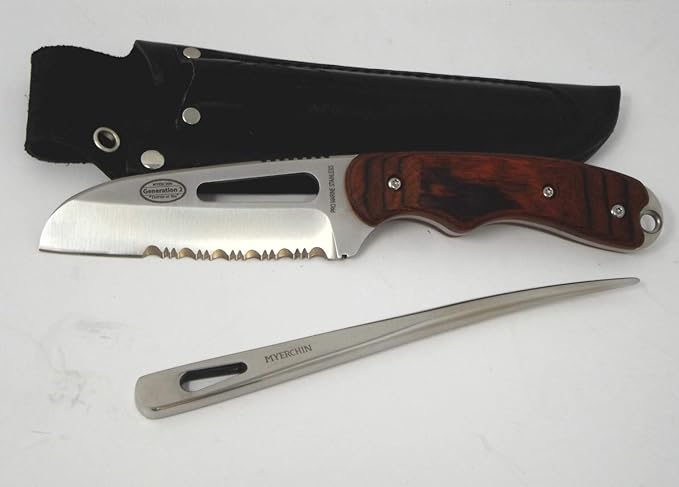 Myerchin Knives Tested at Sea Pro Wood Offshore System Knife Marlinspike Leather Sheath Rigging Tool System W100P