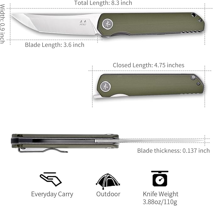 Miki Pocket Samurai Folding Knife G10 Handle Tanto w/ D2 Plain Blade Outdoor Camping Hiking Knife Fishing And Everyday Carry nique Tool Gift for EDC Men Women (Green)