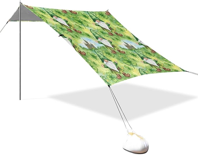 xigua St. Patrick's Day Gnome Beach Tent Sun Shelter with Carrying Bag - Silver Coated Oxford Fabric Beach Canopy for Beach Camping Fishing - Includes Windproof Ropes Sandbags &amp Stakes