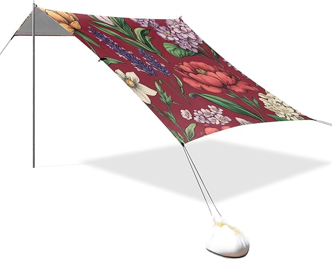 Spring Flower on Red Beach Tent &amp Canopy UPF50 Lightweight Portable Sun Shelter Includes Sand Shovel Sandbags Stability Poles for Camping Fishing Backyard Fun