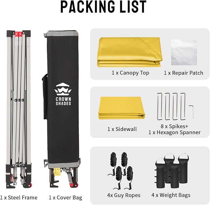 CROWN SHADES 8x8 Pop Up Canopy with 1 Side Wall - Beach Tent with One Push Setup - Outdoor Sun Shade for Events Parties Camping - Gazebo with STO-N-Go Cover Bag (Yellow)
