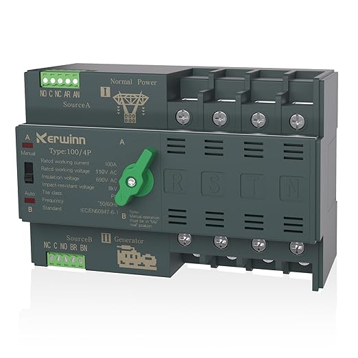 Mini ATS Automatic Transfer Switch 100 amp Manual Power Transfer Switch 110V Dual Power Electrical Selector Switches DIN Rail Mount (4P)