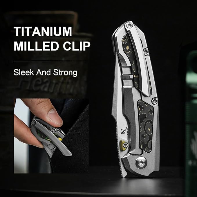 Kizer Feweed Pocket Knife 2.98 Z-Wear PM Clip Point Blade Folding Knife with Titanium Handle with CamoCarbon Gold Front Flipper &amp Thumb Stud Opener EDC Knives for Camping Hiking KI3694A4