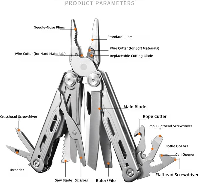Multitool 15-in-1 Full-Size Lightweight EDC Multi-Purpose Pliers Stainless Steel Camping Knives &amp Tools Tactical Outdoor Gear Mens Gifts Ideas Gifts for Hunters Men who have Everything(Sil