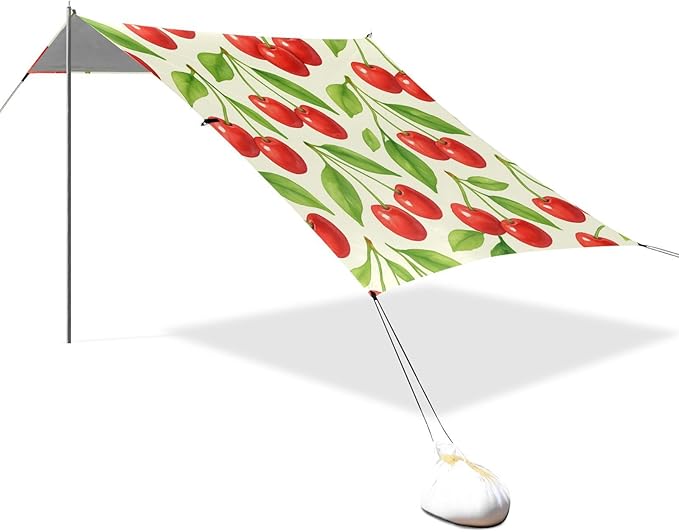 xigua Cherry Beach Tent Sun Shelter with Carrying Bag - Silver Coated Oxford Fabric Beach Canopy for Beach Camping Fishing - Includes Windproof Ropes Sandbags &amp Stakes