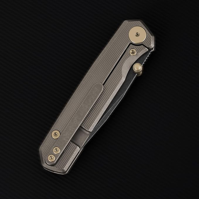Folding Pocket Knife 2.95 Elmax Blade EDC Knife with Titanium Handle and Frame Lock Small Pocket Knife with Clip for Men Sharp Camping Hiking Hunting Survival Knives (Gold)
