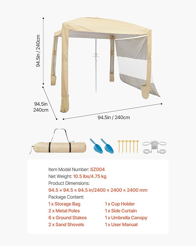 VEVOR Beach Cabana 8 x 8 ft Beach Canopy with Side Wall UPF 50+ Protection Easy Setup Cabana Tent with Sand Pockets Adjustable Height Portable Shade Sun Shelter Umbrella for Family &amp Friends K