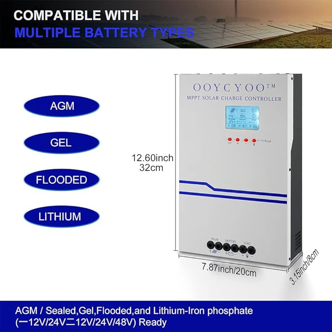 80 Amp MPPT Charge Controller MPPT 12V 24V 36V 48V Auto 80a Solar Charge Regulator Max 150V w/LCD Display Work with AGM Gel Flooded and Lithium Max Input Power 4000W