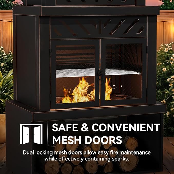 31.5 Outdoor Wood Fireplace with Chimney and Wood Storage Fireplace with Fire Pocker BBQ Grill &amp Gloves Outside Removable Fire Pit for Patio Garden and Deck Black