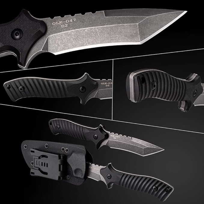 OERLA OLK-D47 Tactical Survival Knife with Kydex Sheath D2 High Carbon Steel Fixed Blade Outdoor Knife G10 Handle EDC Tactical Belt Clip