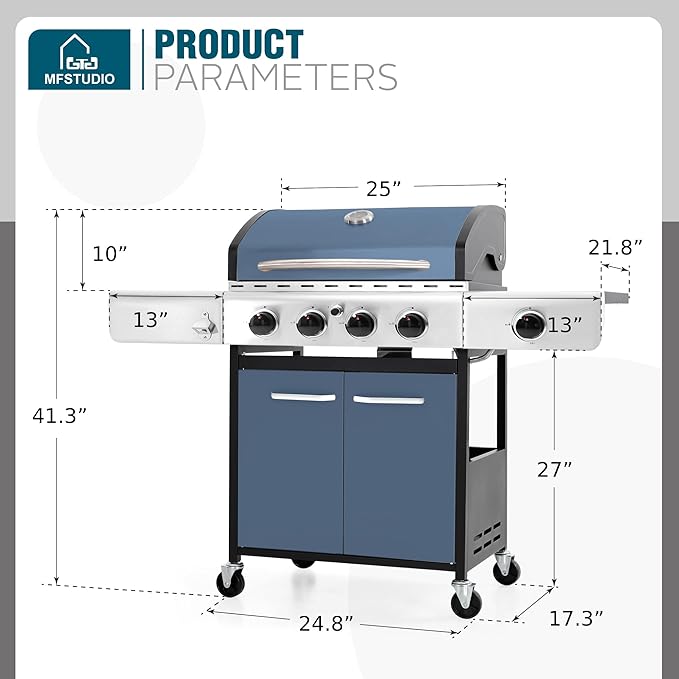 MFSTUDIO 4 Burner BBQ Gas Grill with Side Burner Propane Grills with Porcelain-Enameled Cast Iron Grates 42000 BTU for Outdoor Backyard Barbecue Cooking Blue