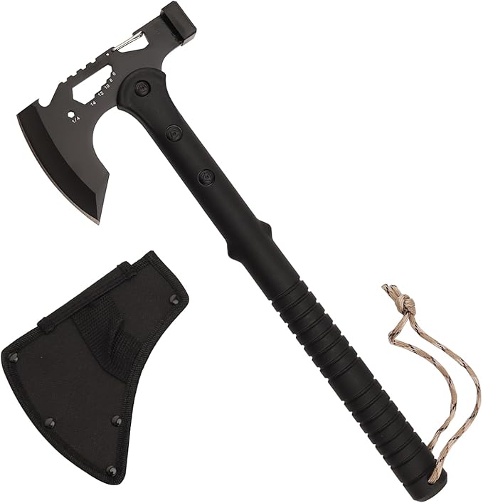 Tactical HatchetBlack Stainless Steel Camping Hatchet Axe with Nylon SheathBlack Tomahawk with Bottle OpenerHex WrenchesTactical Tomahawk Axe Hammer for Outdoor Splitting WoodHunting Survival