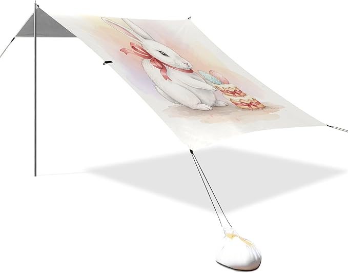 Easter Bunny Beach Canopy Sun Shelter with Sandbags &amp Sand Shovel &amp Windproof Ropes - Portable 110x126 Beach Shade Beach Tent for Camping Picnics