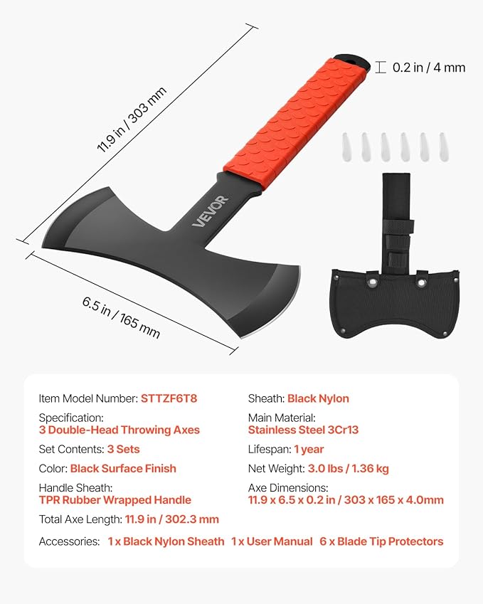 VEVOR Throwing Axes and Tomahawks 3 Pack 11.9 inch Double Bit Axe Throwing Hatchet Set Stainless Steel Head with Non-Slip TPR Rubber Handle with Black Nylon Sheath for Recreation and Competition