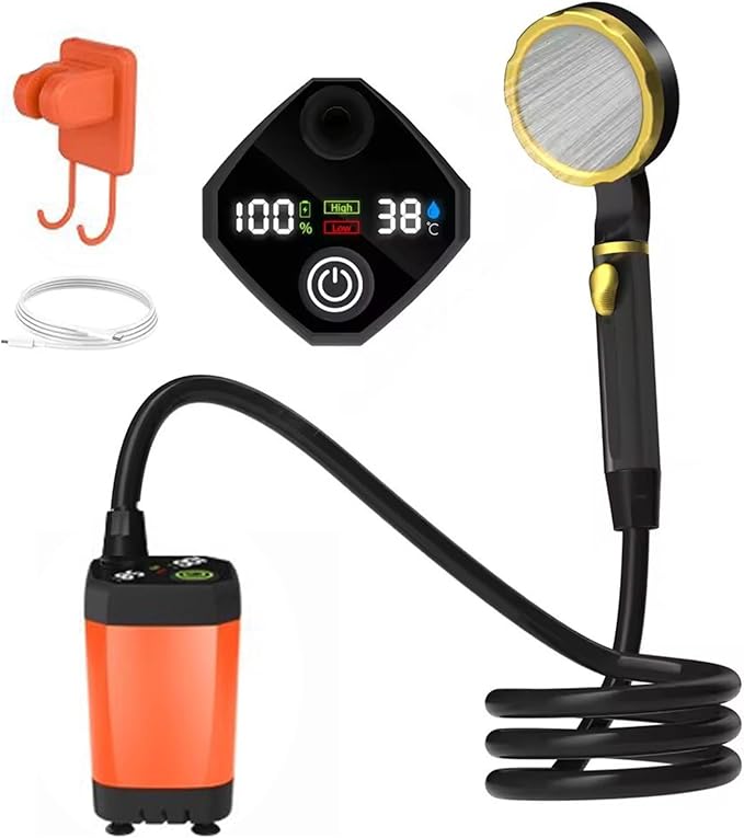 Portable Camping Shower 7800/9000mAh Rechargeable Camping Shower with Intelligent Digital Display Outdoor Camp Pump with Power Display for Hiking Travel Car Pet 7800mAhOrange