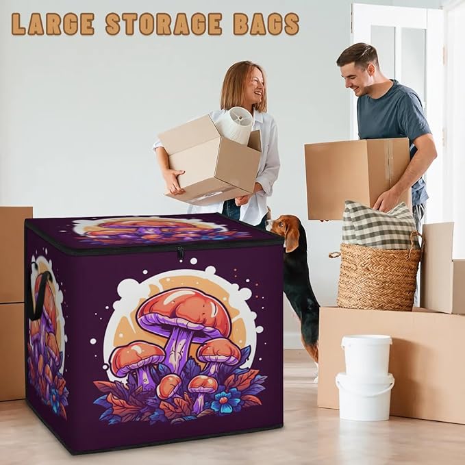 Large Funny Mushroom Storage Bags with Lid XL Blanket Clothes Storage Bins Foldable Organizers Storage Containers with Handle for Comforters Bed Sheets Pillows Cute Retro Mushroom