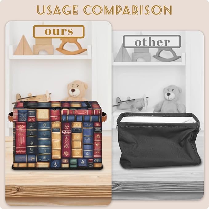 Bookshelf Storage Bins with Zipper Lid Retro Library Fabric Lidded Storage Baskets Cubes with Handles Decorative Foldable Shelf Closet Organizer Container