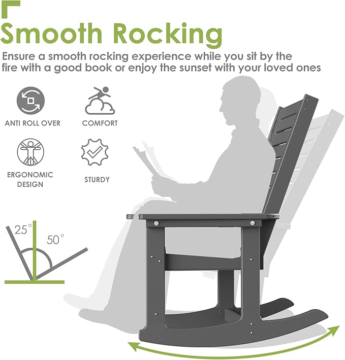 GREENVINES Outdoor Rocking Chairs | Set of 4 | Porch Rocker | HDPE Plastic | Grey | Oversized Rockers | High Back | Big &amp Tall | Ladder Back | for Patio Outside Backyard Balcony Garden