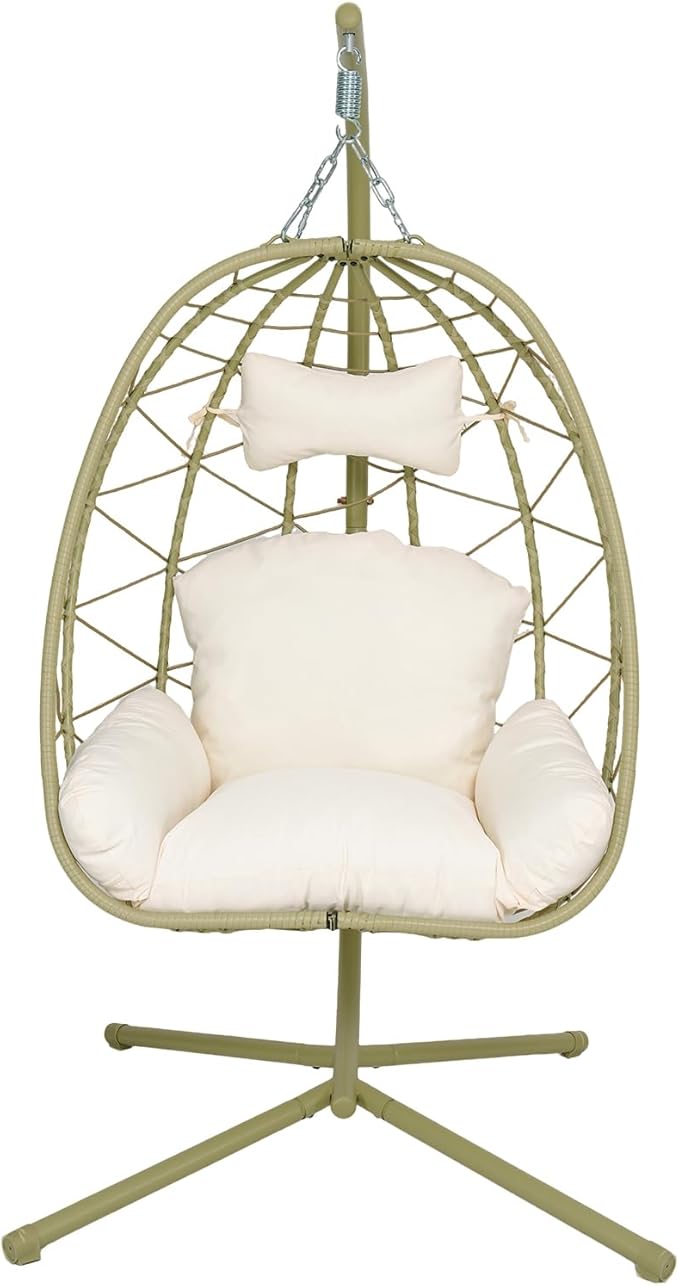 Hanging Egg Chair with Stand Outdoor Indoor Patio Rattan Swing Hammock Chairs with Washable Cushion PE Wicker Swing Chair for Backyard Bedroom Garden (Cyan + White Cushion No Footrest)