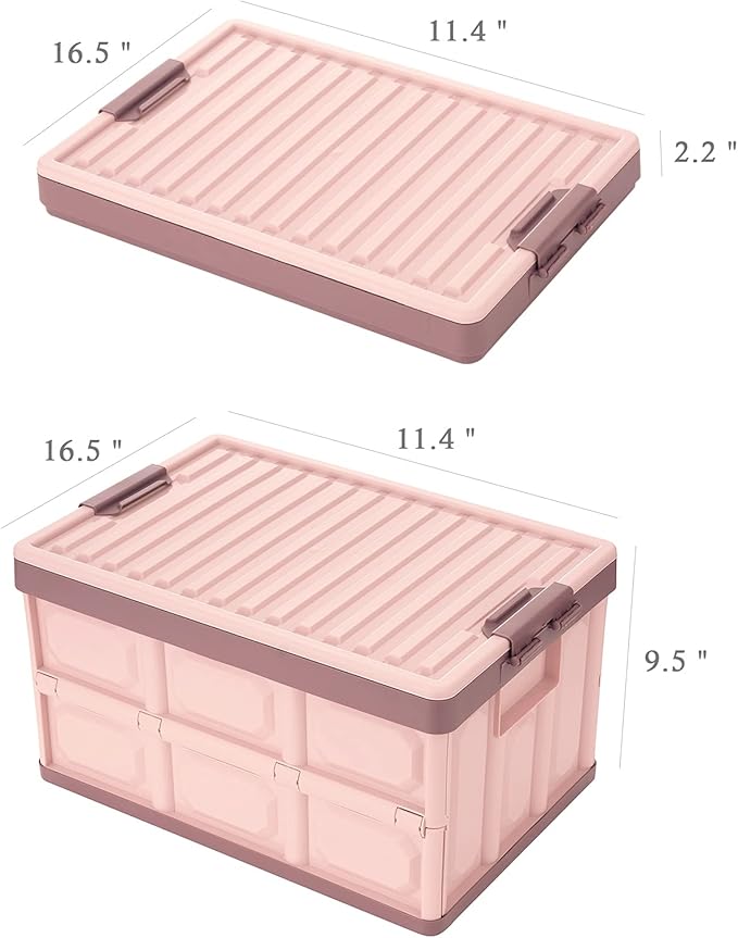 Pink Collapsible Storage Bins with Lids 2-Pack Folding Plastic Stackable Utility Crates 30L Durable Containers for Home &amp Garage Organization