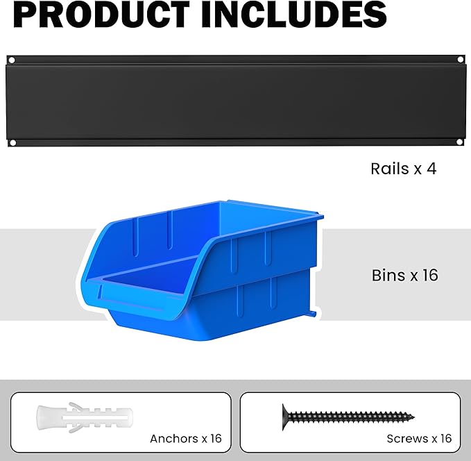 Ultrawall Wall Mounted Storage Bins Plastic Hanging Storage Organizer Bins Garage Tool Storage System for Screws Nuts Bolts Nails and Small Hardware Parts 16x bins &amp 4 x rails Blue