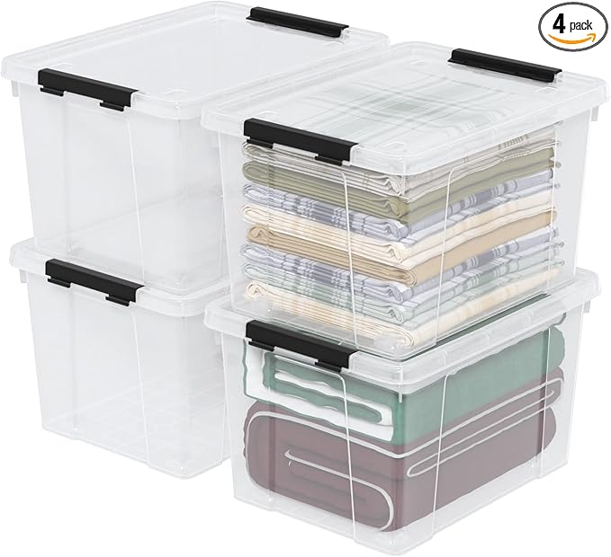 34 Quart Plastic Latching Storage Box with Wheels 4-Pack Clear Storage Bins with Lids