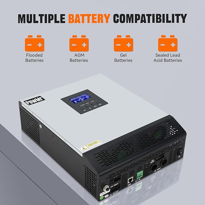 PowMr 2400W Solar Inverter 24VDC to 110V/120VAC Pure Sine Wave with 50A PWM Charge Controller Hybrid Inverter for Homes RV 24V Lead-Acid Sealed Gel/AGM Battery Off-Grid Systems