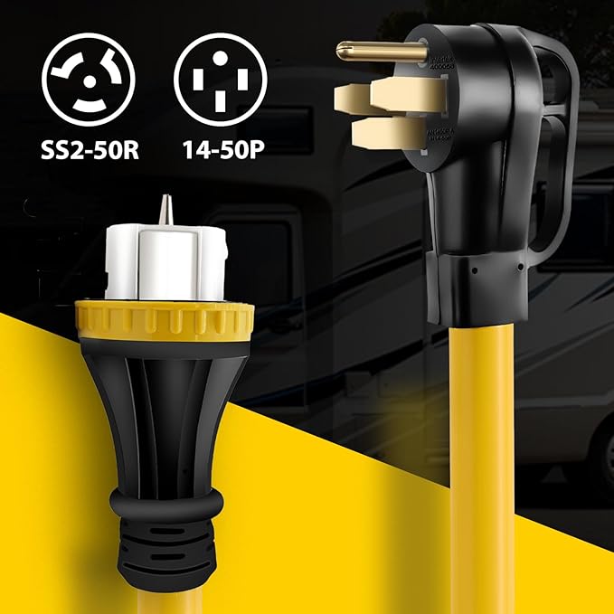 50 Amp Generator Cord with Pre-Drilled Power Inlet Box Real Heavy Duty STW 6/3+8/1 AWG125V/250V NEMA 14-50P to SS2-50R Generator Extension Cord with Extra Hose Storage BagETL Listed (15FT)