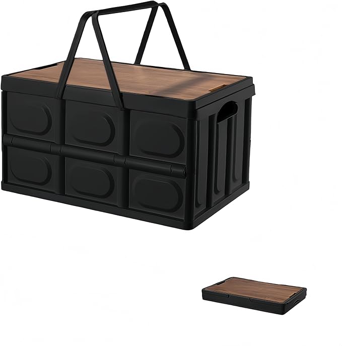 Outdoor Collapsible Storage Box with Handles and Wooden Lid Portable Large Capacity Stackable Crates Outdoor Storage Bin with Table Function Ideal for Car Trunk RV Trip Picnic (Black Small)