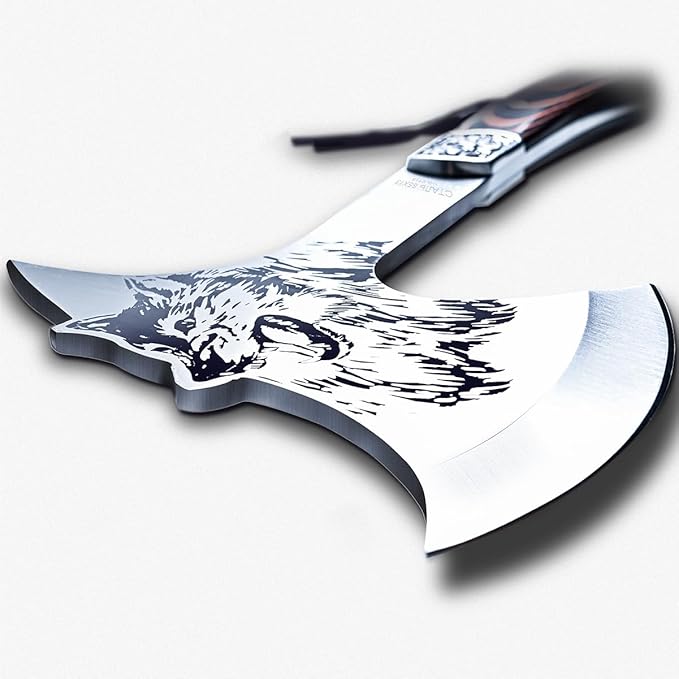 Camping Hatchet Overall 8.5in w/4in Blade Compact Camp Axe Stainless Steel Blade and Comfortable Wooden Grip Outdoor Hunting Survival Hiking Tactical Axe Tomahawk Sheath Included