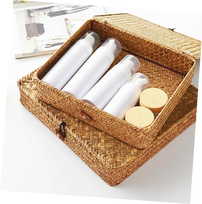 Cabilock 2pcs Woven Seagrass Storage Baskets Lid Decorative Organizers for Snacks and Household Items Natural Home Rustic Style Storage
