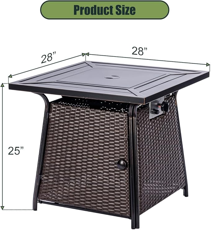 OutVue 28 inch Wicker Propane Fire Pit TableGas Fire Pits Table for Outside50000 BTU Propane Firepit with Lid &ampLava RocksGas Firepit for GardenYard (Brown Rattan)