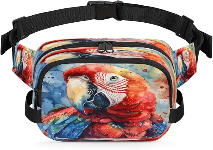 Watercolour Parrot Waterproof Fanny Pack for Women Men Adjustable Waist Bag with Double Zipper Pockets Lightweight Square Hip Pack for Running Travel Hiking Workout Cycling