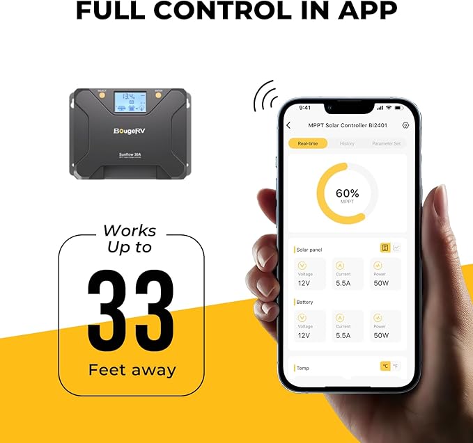 BougeRV MPPT Solar Charge Controller 30A w/ Low-Temp Cut-Off APP Control Backlit LCD 30 Amp Solar Panel Regulator 12V/24V for LiFePO4 SLD Gel FLD AGM Battery RV Marine Upgraded