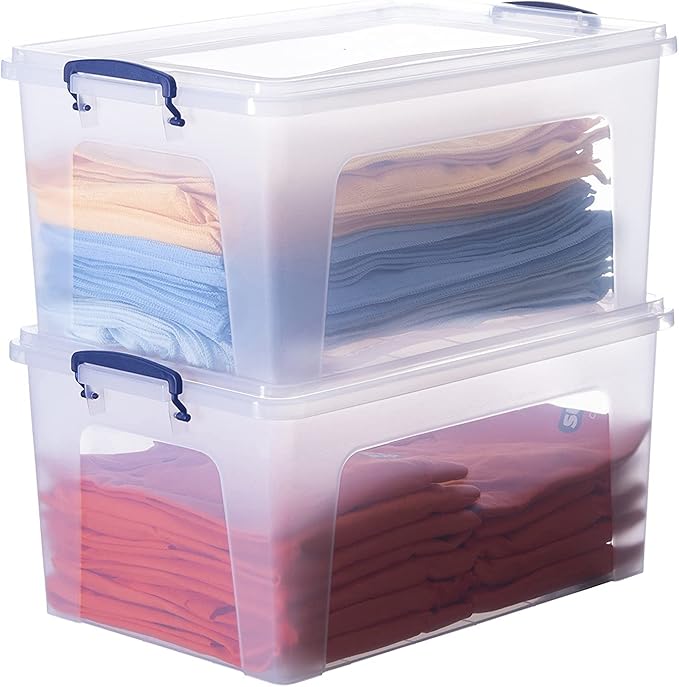 Superio Clear Storage Boxes with Lids Plastic Container Bins for Organizing Stackable Crates BPA Free Non Toxic Odor Free Organizers for Home Office School and Dorm (28.5 Quart 12 Pack)