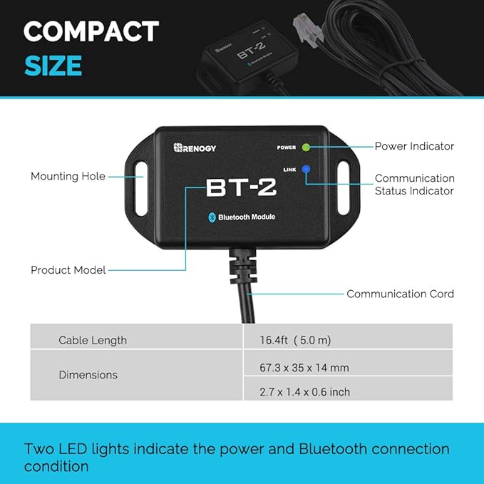 Renogy BT-2 Bluetooth Module RJ45 Communication Port Wirelessly Monitor Real-time Insight Precise Control Compatible Solar Charge Controllers Battery Charger Inverter BT-2 RS485