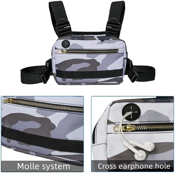 Outdoor Chest Rig Bag For Men Tactical EDC Chest PackBuilt-In Headphone hole Lightweight Utility Chest Rig Pouch For Running Cycling Workouts Hiking(GreyCamouflage)