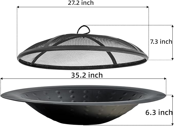 OutVue 35 inch Steel Fire Bowl for DIY or Replacement Existing Fire Pits Wood Burning Fire Pit Bowl with Spark Screen &ampFire Poker Fireplace for Backyard Porch Deck Camping BBQ (Circle Dot)