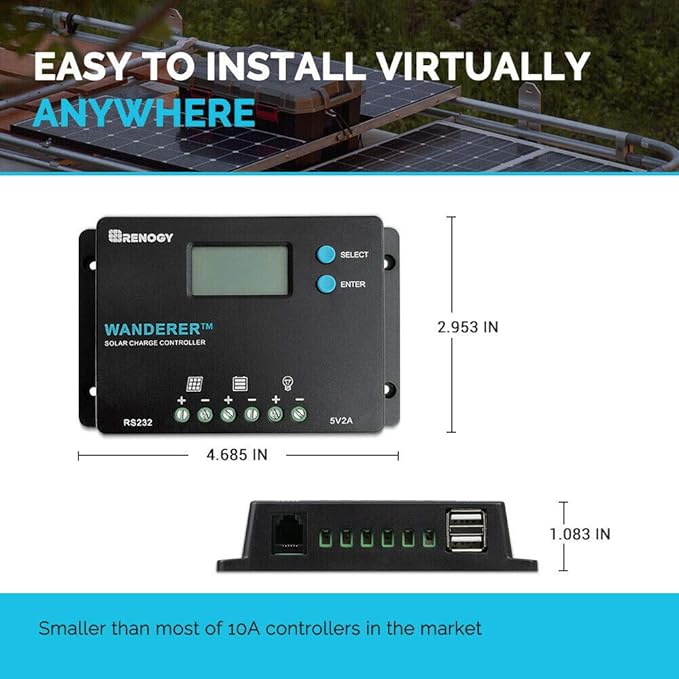 Renogy 10 Amp 12V/24V PWM Negative Ground Solar Charge Controller Compact Design w/LCD Display for AGM Gel Flooded and Lithium Battery Wanderer 10A