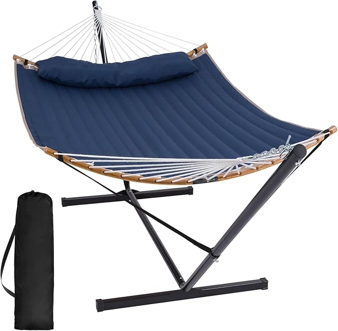 SUNCREAT Portable Outdoor Hammock with Stand Heavy Duty Hammock with Carrying Bag Soft Pillow Balance Ropes Dark Blue
