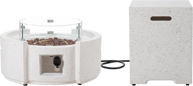 HOMPUS Round Fire Pit Table Outdoor Propane Fire Pit w Free Lava Rocks &amp Rain Cover Terrazzo Colorful Fire Table w Tank Cover &amp Wind Guard for Patio