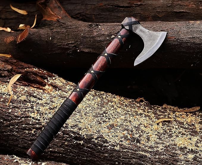 Viking Axe | Hand-Forged Carbon Steel Tomahawk with Rosewood Handle &amp Leather Sheath Bearded Axe for Camping Bushcraft Throwing Gifts for Men (Brown)
