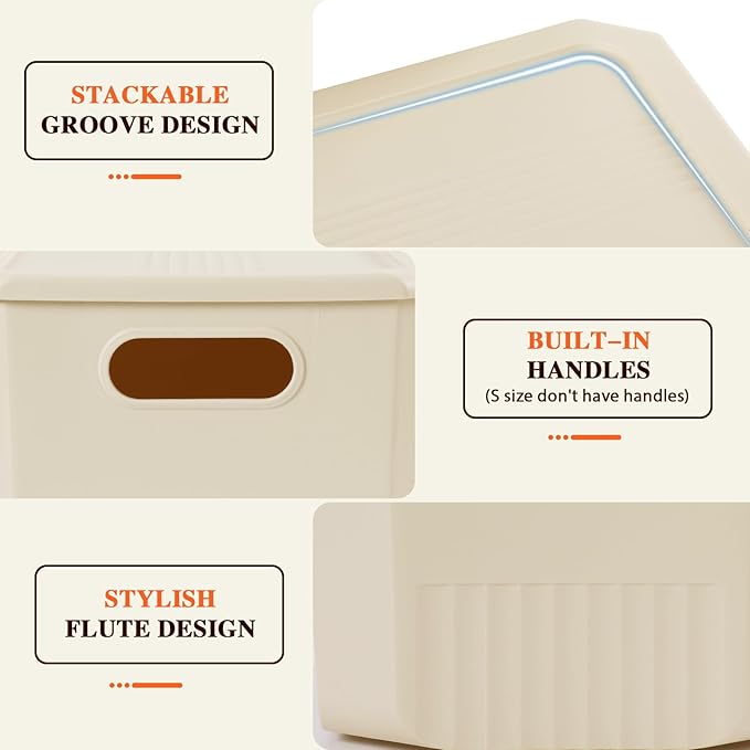 ANMINY 8PCS Plastic Storage Bins Containers with Lids Large Storage Organization Bins Boxes Lidded Plastic Storage Baskets for Closet Shelves Desktop Ivory Lids 1XL + 1L + 2M + 4S
