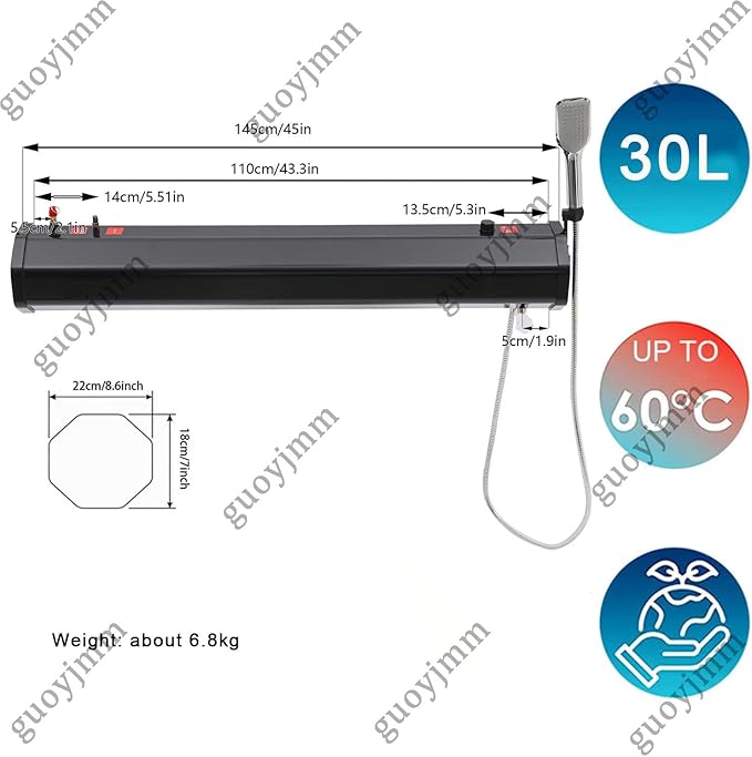 Portable Camping Solar Shower 18L/30L Pressurized Roof Rack Water Tank with Shower &amp Hose for Hiking Car wash Pet Cleaning Beach Vacations 30L