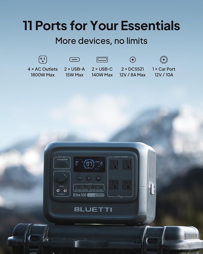 BLUETTI Elite 100 V2 Solar Generator with 100W Solar Panel (Ships Separately) 1024Wh Portable Power Station w/ 4 1800W AC Outlets 35% Smaller Ideal for Camping Emergencies Backup Power