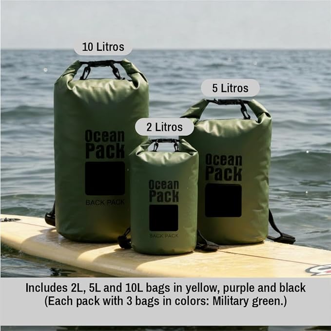 Waterproof Dry Bag Set of 3 (2L 5L 10L) – Roll Top PVC Dry Bags Waterproof for Kayaking Camping Beach &amp Travel – Floating Compression Dry Sack Backpack for Outdoor Gear (Military Green)