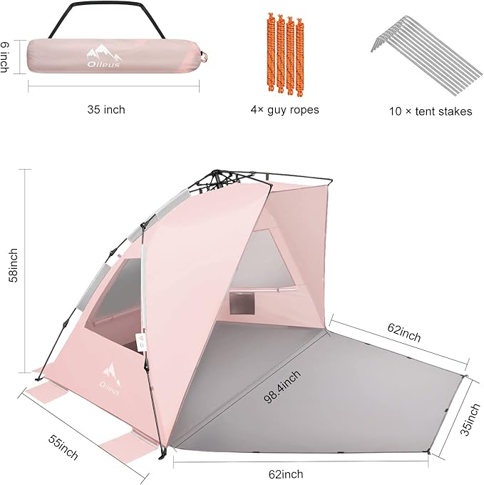 Oileus XX-Large Pop Up Beach Tent Sun Shelter for 5-6 Person Portable Sun Shade Instant Tent for Beach with Carrying Bag Stakes 6 Sand Pockets Anti UV for Fishing Hiking Camping Pink