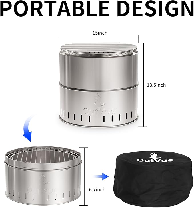 OutVue 15.5 inch Stainless Steel Smokeless Fire Pit with Grill Outdoor Smokeless Firepit Wood Burning Fire Pits for Camping Bonfire Low Smoke Firepit for Outside (Vertical Hole)