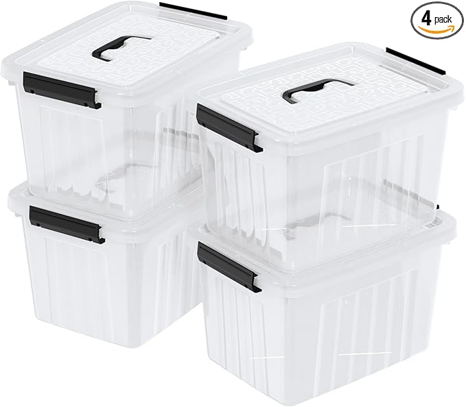 Set of 4 Storage Bins with Latch Lids Clear Plastic Storage Box with Handle 18 L